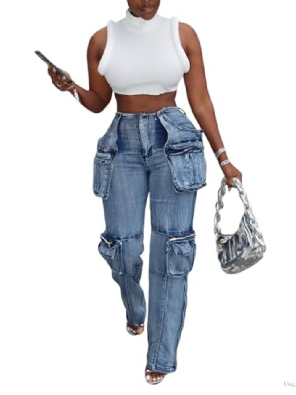 Women's Stretch Cargo Jeans with Multi Pockets Novelty Fashion Pants
